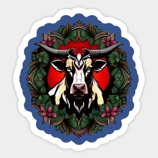 Ox Surrounded By A Wreath Of Red Clover Tattoo Style Art Sticker